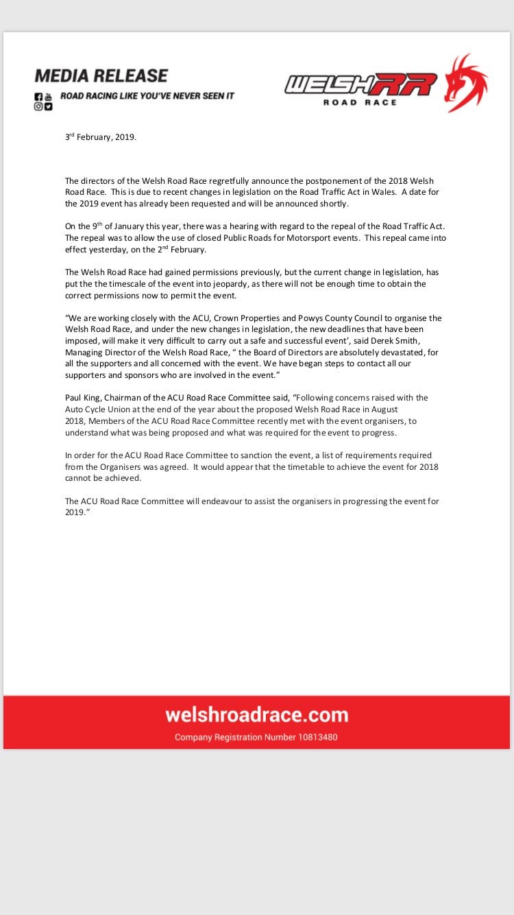 2018 Welsh Road Race Cancelled / Postponed