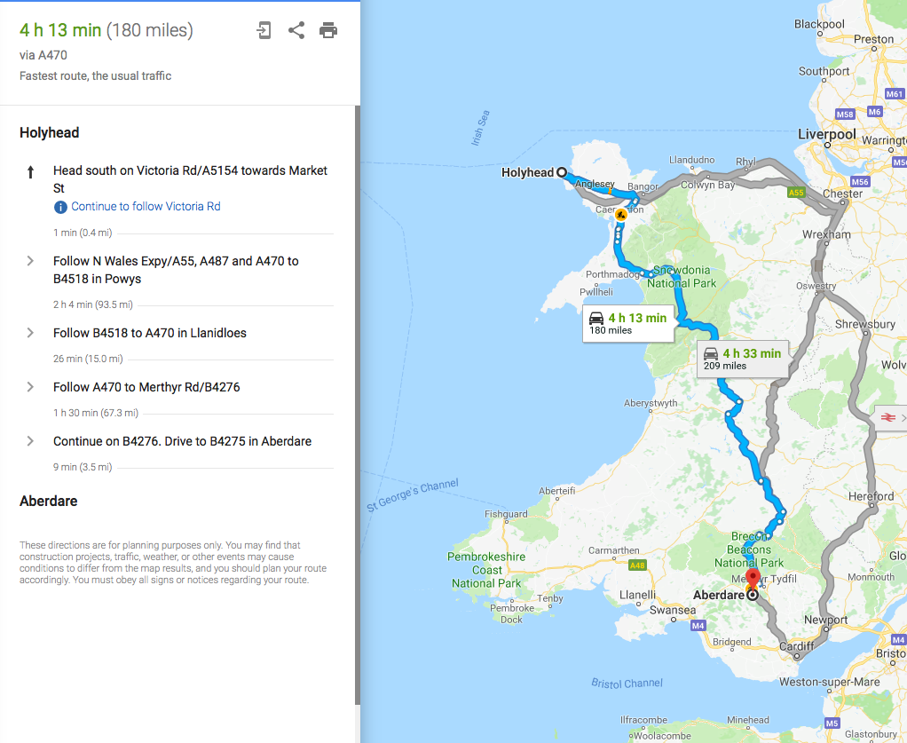Holyhead to Aberdare Route