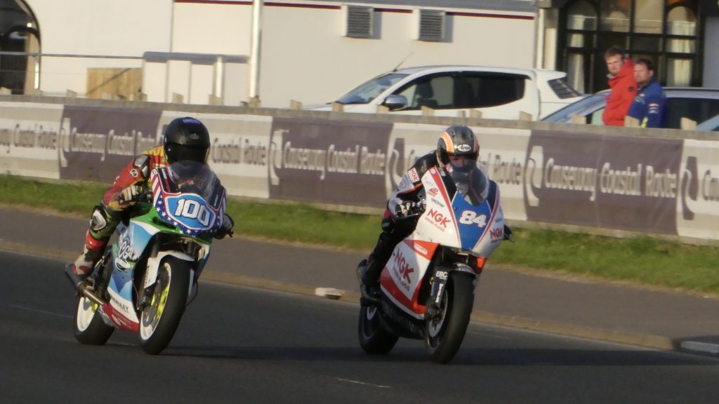 Maria Costello and Matt Sadowski both lit - and lit up by a gorgeous setting sun during the supertwins race Joey Thompson (74) was flying on the Paton in the supertwins race - At the 2018 NW2018 (17/05/2018)
