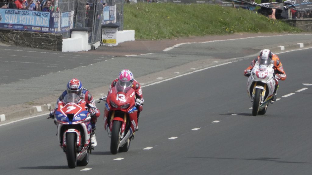 Gary Johnson, Lee Johnston (before retirement) and Conor Cummins engaged on the Coast Road during the Superstock race - at the 2018 NW2018 (19/05/2018)