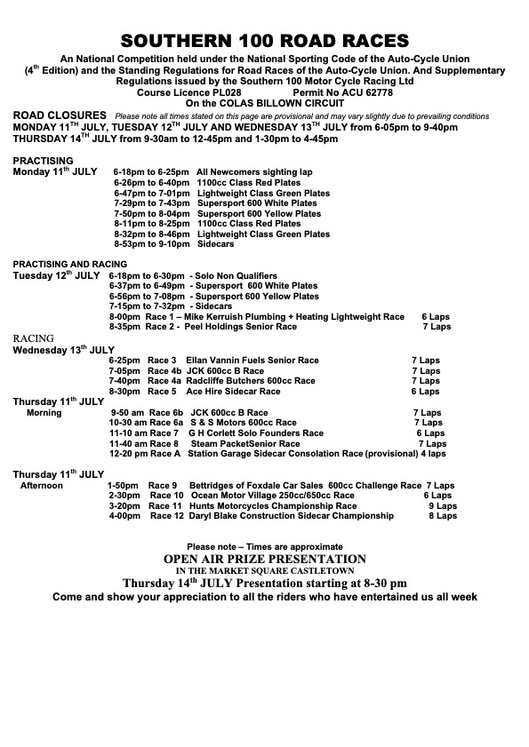 2022 Southern 100 Timetable