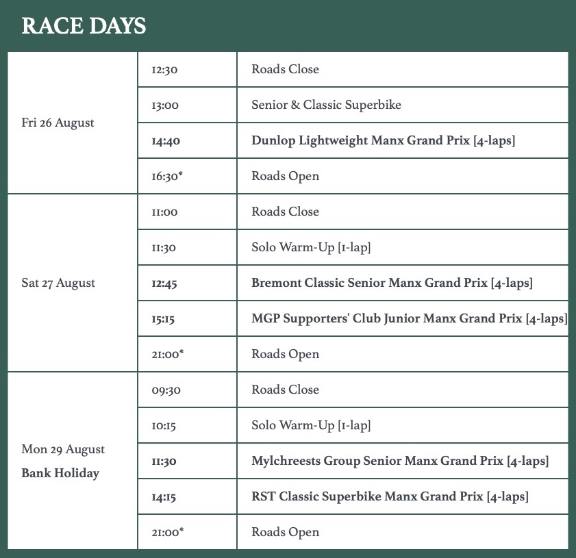 2022 Manx Grand Prix Race Schedule