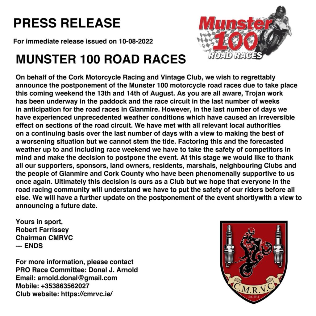 2022 Munster 100 Road Races Postponed