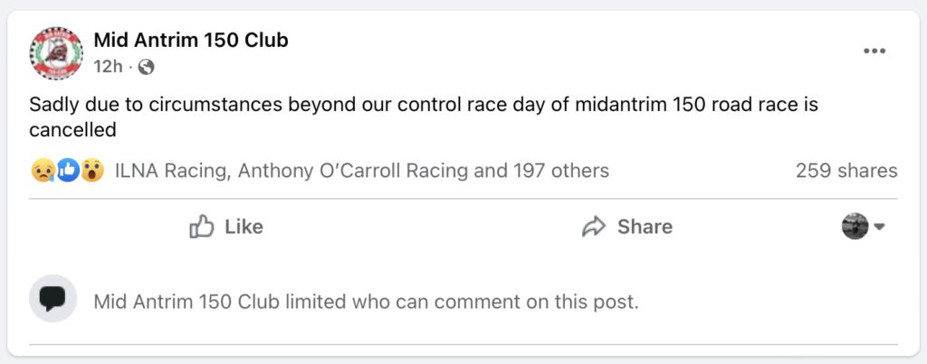 2022 Mid Antrim 150 Road Races Cancelled