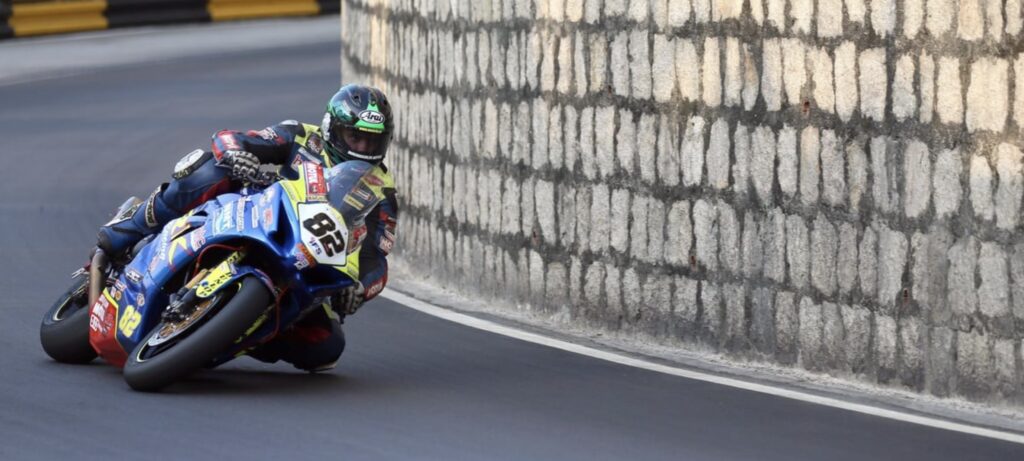 Derek Sheils on the Burrows Engineering/RK Racing Suzuki during qualifying at the Macau Grand Prix in 2019.