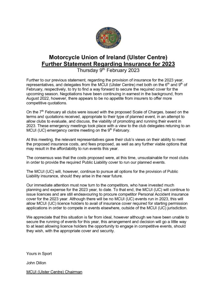 MCI(UC) Statement issued 09th February 2023 at 23:48hrs