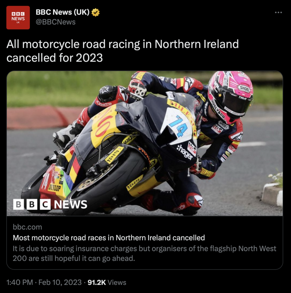 BBC NI Twitter Post states All NI Motorcycling Racing Cancelled for 2023.