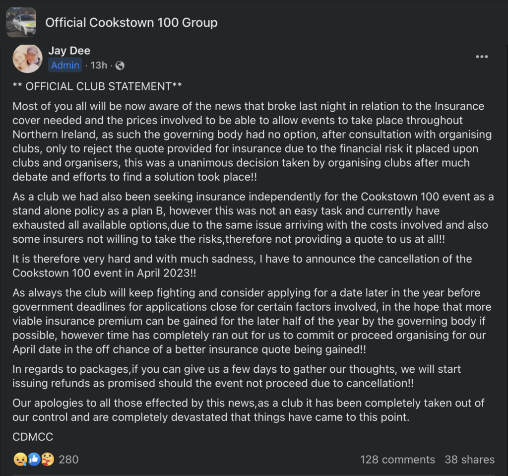 Statement re the cancellation of motorcycling events in Northern Ireland made by the Cookstown Club on 09/02/2023