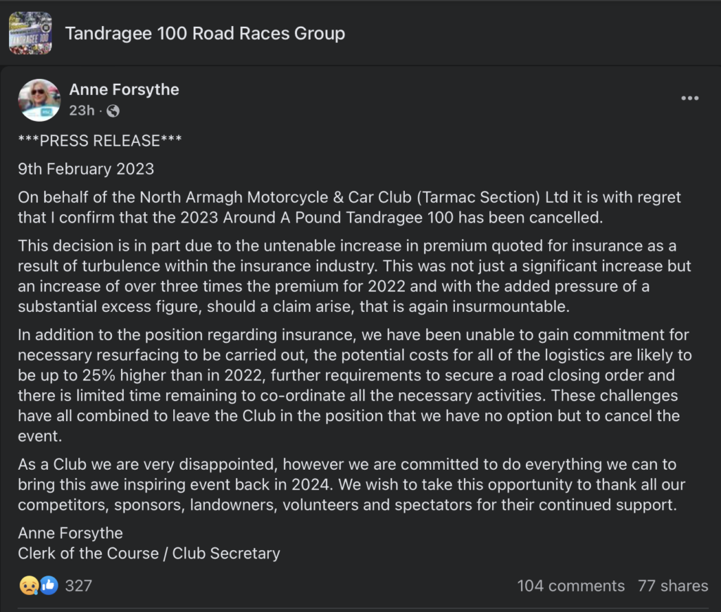 Statement re the cancellation of motorcycling events in Northern Ireland made by the Tandragee Club on 09/02/2023