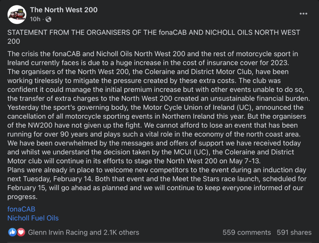 Statement re the cancellation of motorcycling events in Northern Ireland made by the North West 200 on 09/02/2023
