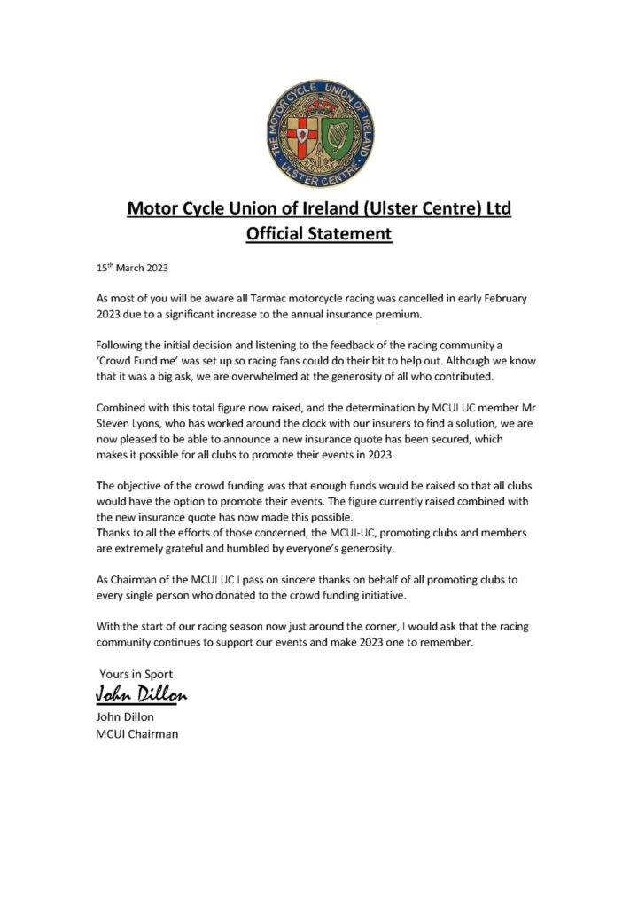 Statement from MCUI(UC) re Obtaining Acceptable Insurance for 2023 Events