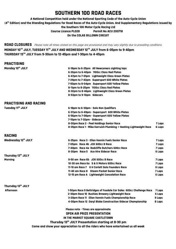 2023 Southern 100 Race Schedule