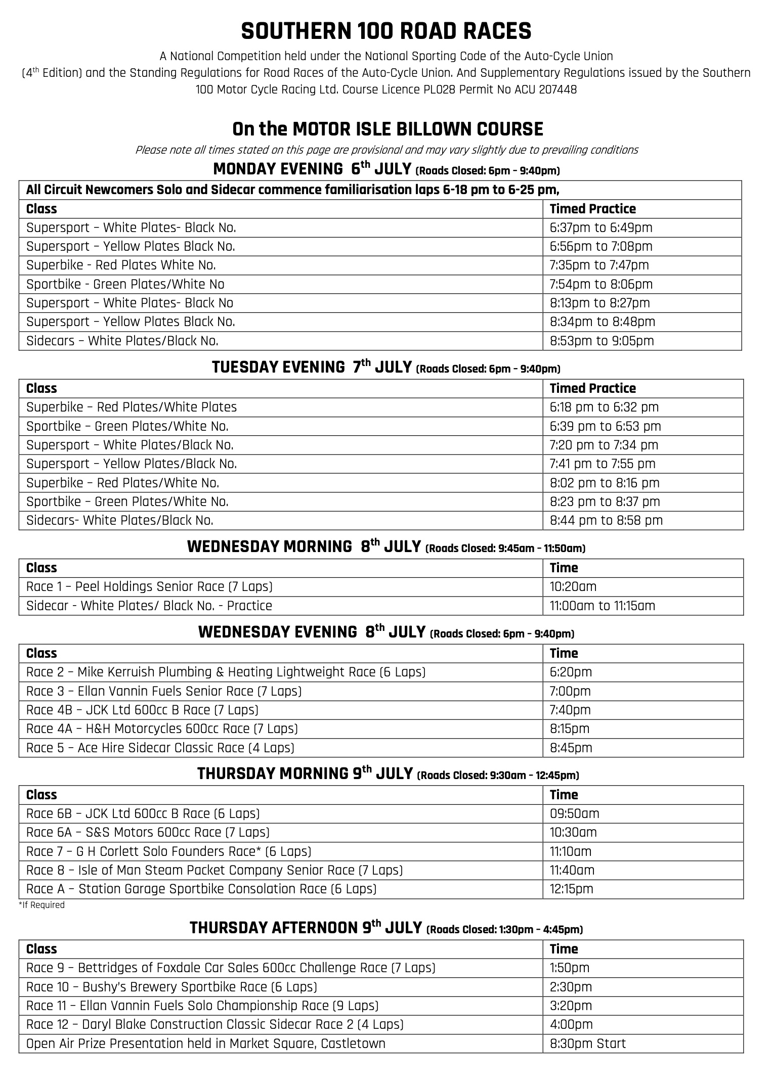 Screenshot 2026 Southern 100 Road Races Races Schedule