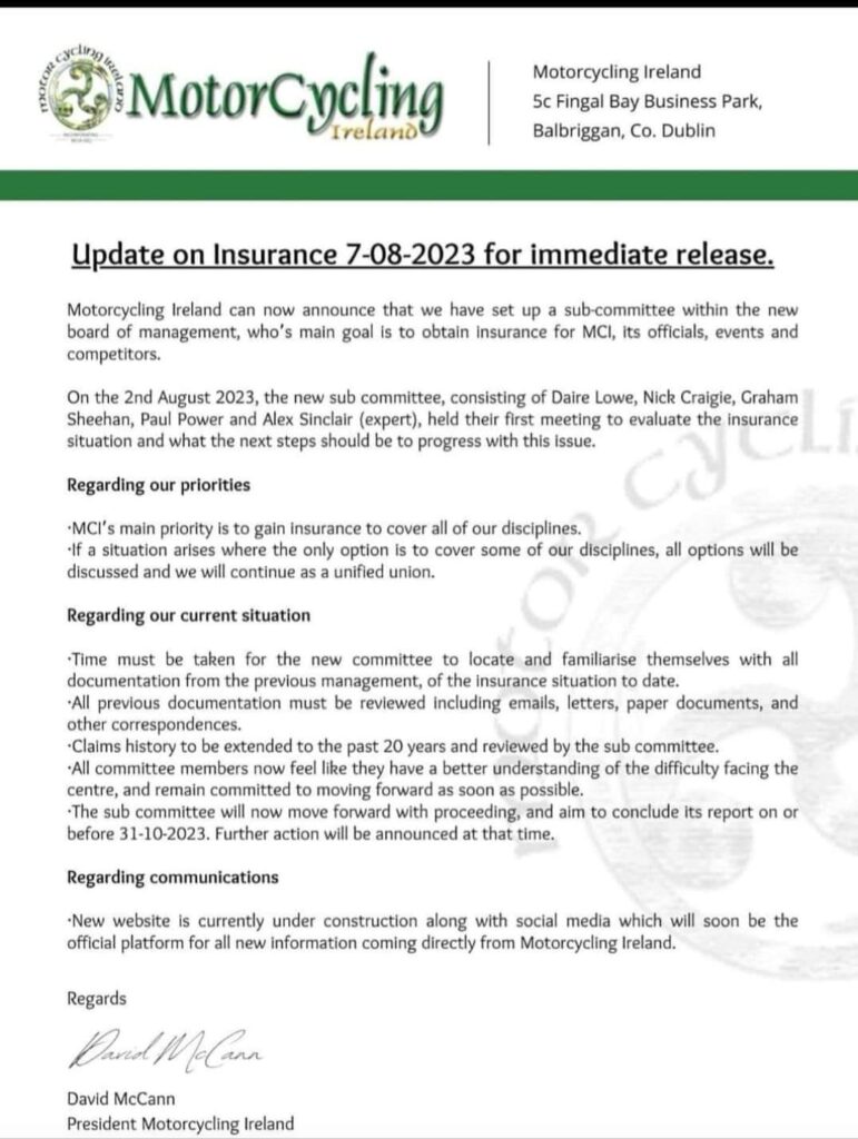 Motorcycling Ireland Update on Insurance (07/08/2023)