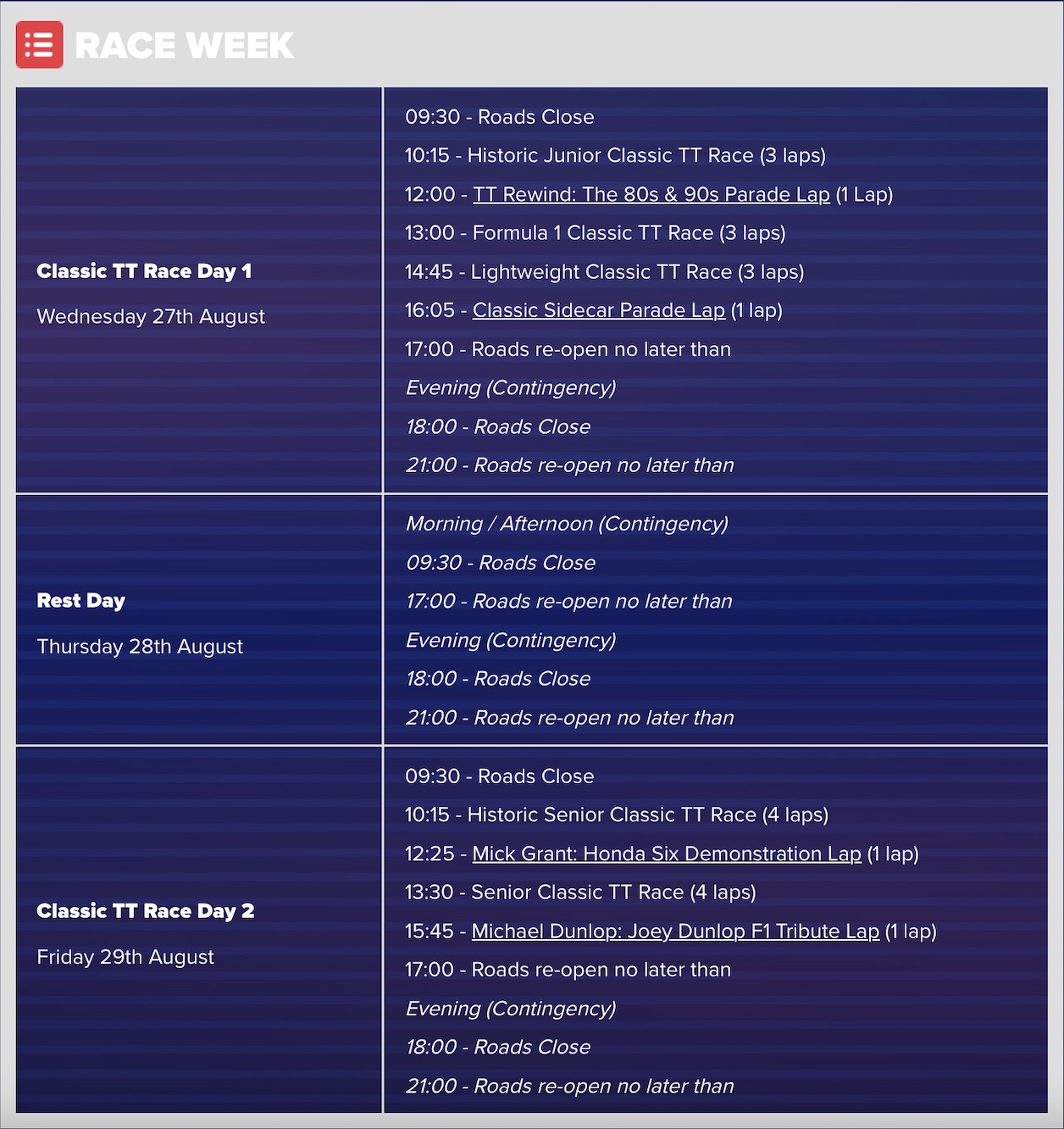 2025 Classic TT Schedule 2025 Classic TT Schedule