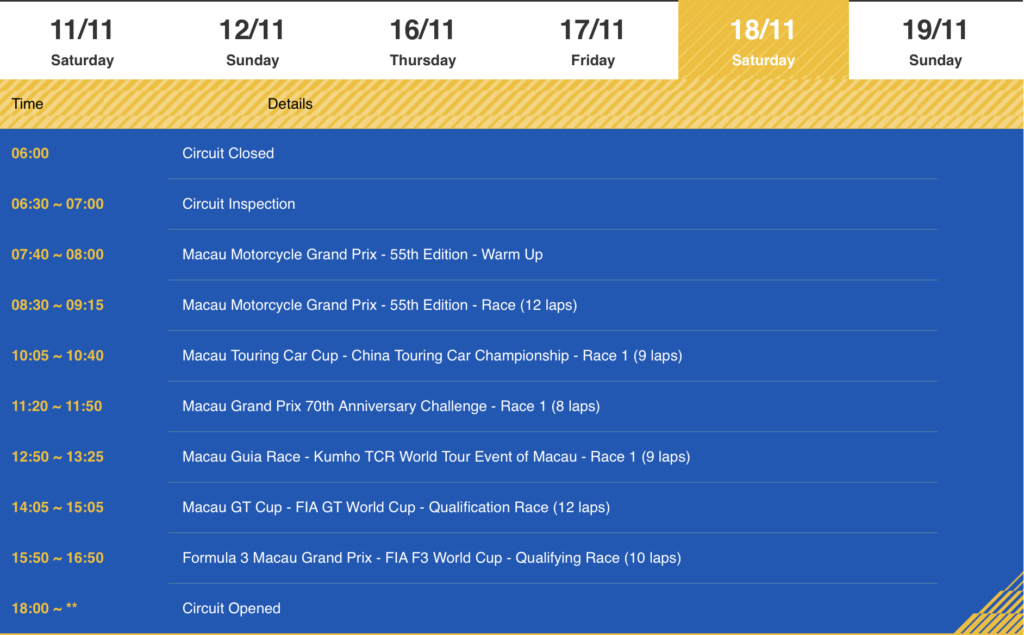 2023 Macau Grand Prix Schedule 18/11/2023