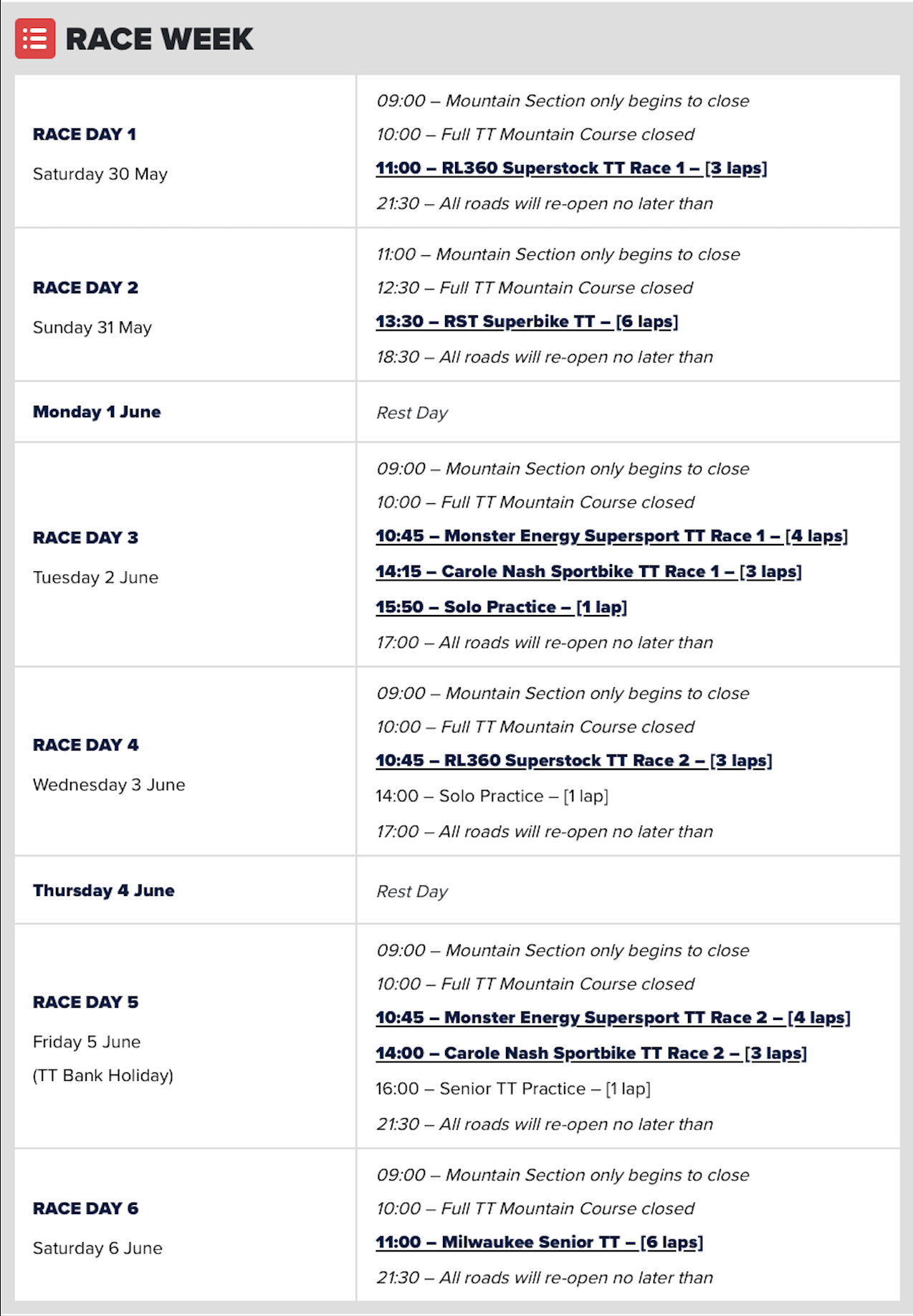 2026IsleOfManTTRacesRevisedSchedule 2026 Isle of Man TT Race Schedule (Updated 29/05/2026)