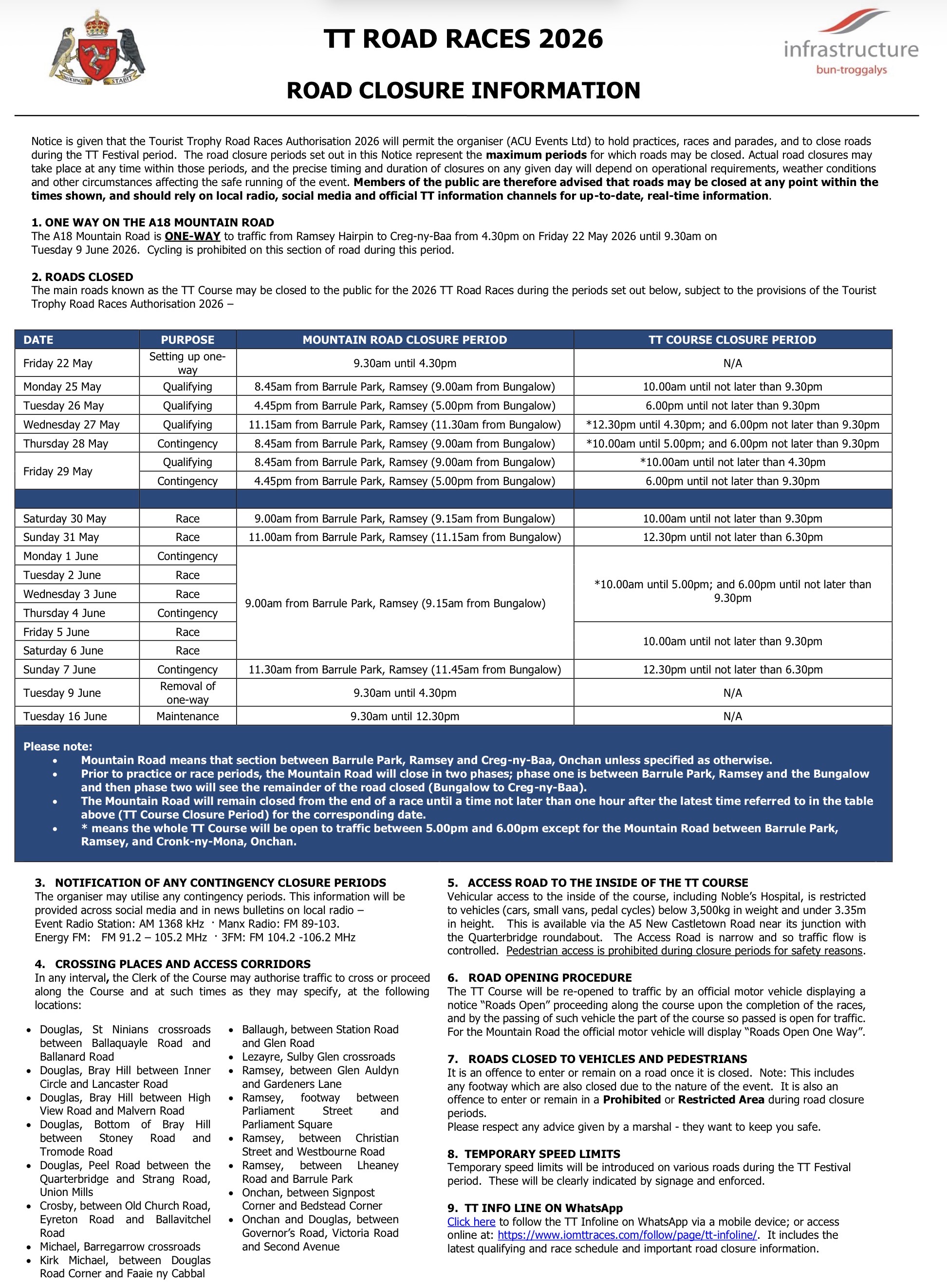 Screenshot TT Road Races 2026 Road Closure Information