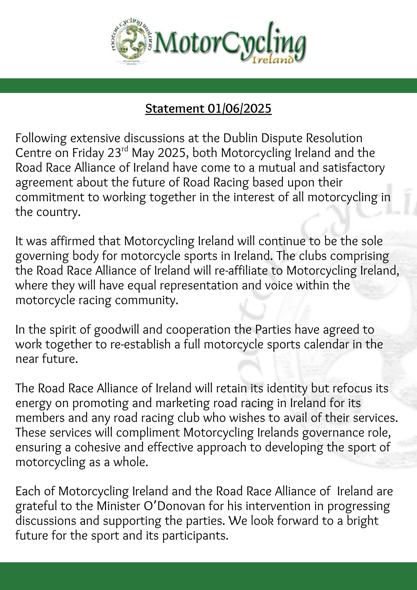 20250601MCIStatement Motorcycling Ireland Road Race Alliance of Ireland Statement : 01/06/2025