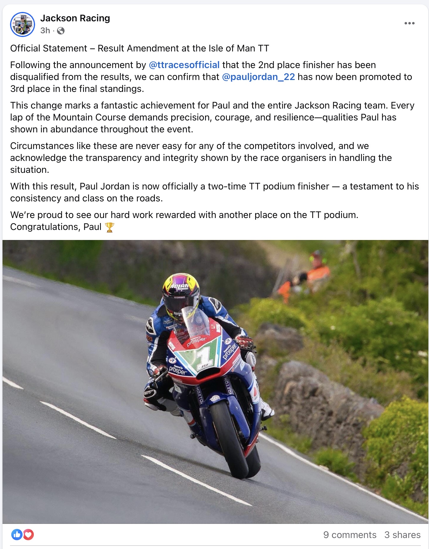 Jackson Racing FB Statement Jackson Racing FB Statement re 2025 TT Supertwin Race 1