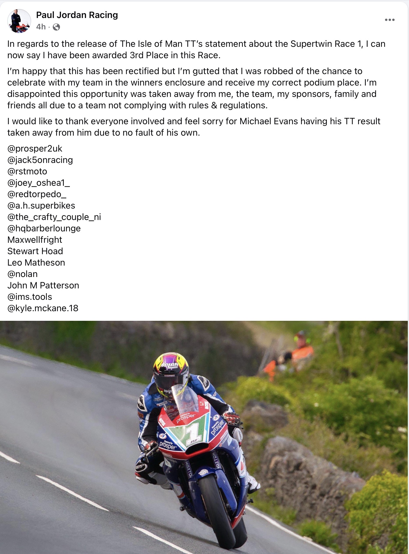 Paul Jordan FB Statement Paul Jordan FB Statement re 2025 TT Supertwin Race 1