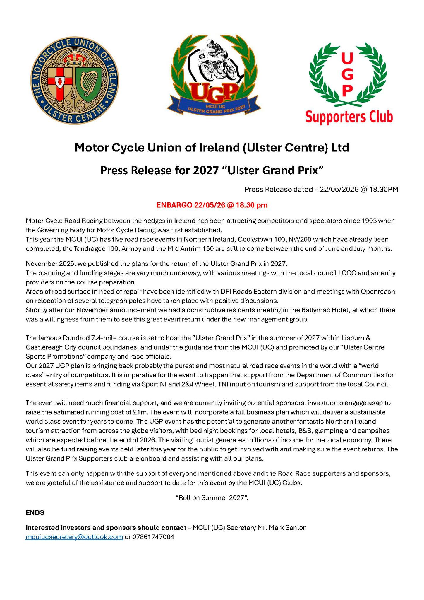 20260522UGPPressRelease 2027 Ulster Grand Prix Press Release : 22nd May 2026